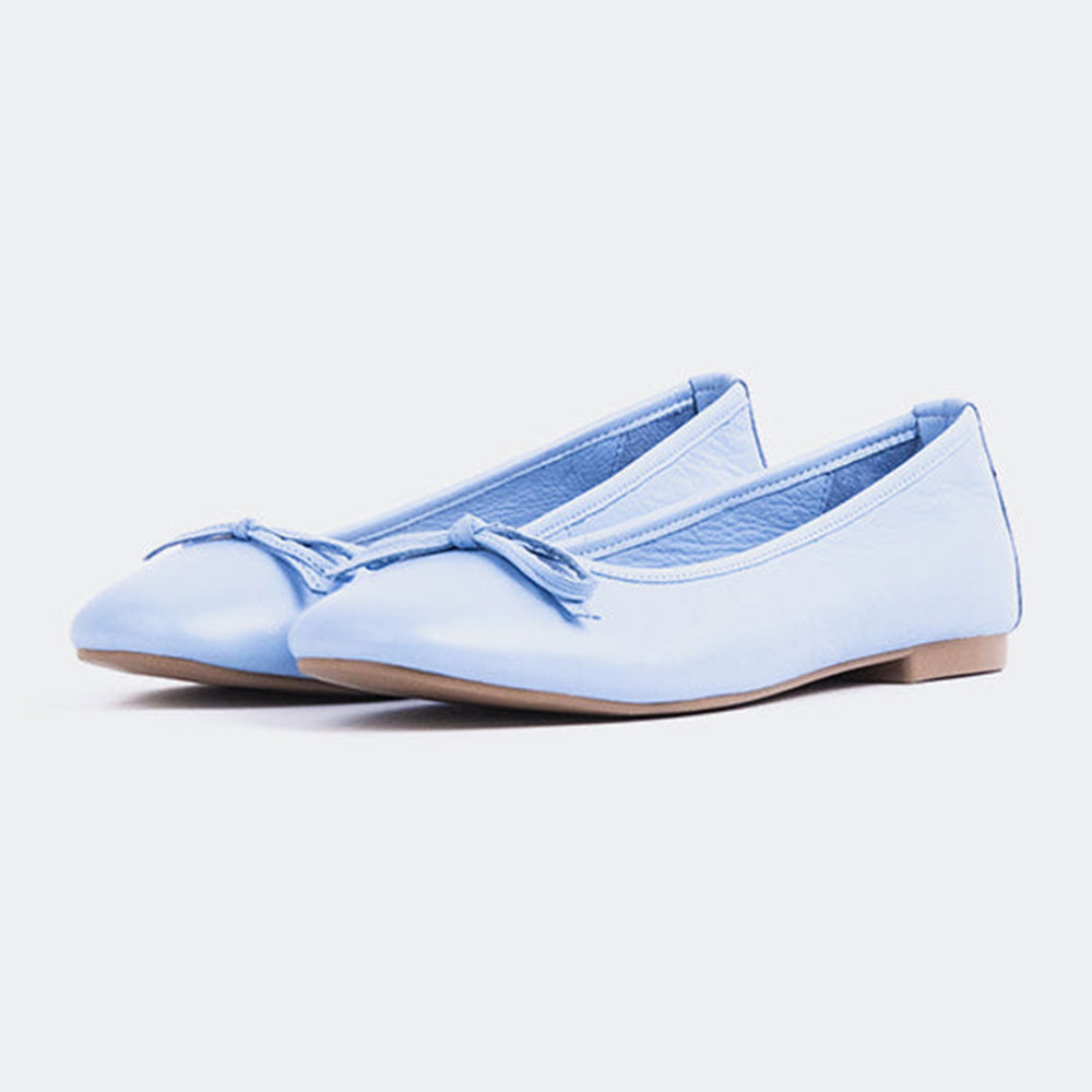 Elegant Light Blue Square Toe Bow Embellished Ballet Flats