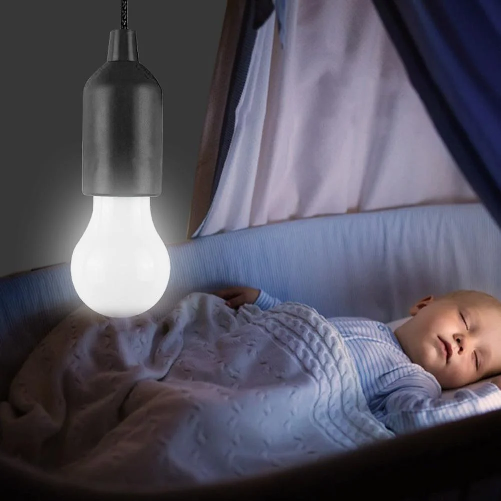 LED Hanging Light Bulb Battery Powered Colorful Pull Cord Bulbs (Black)