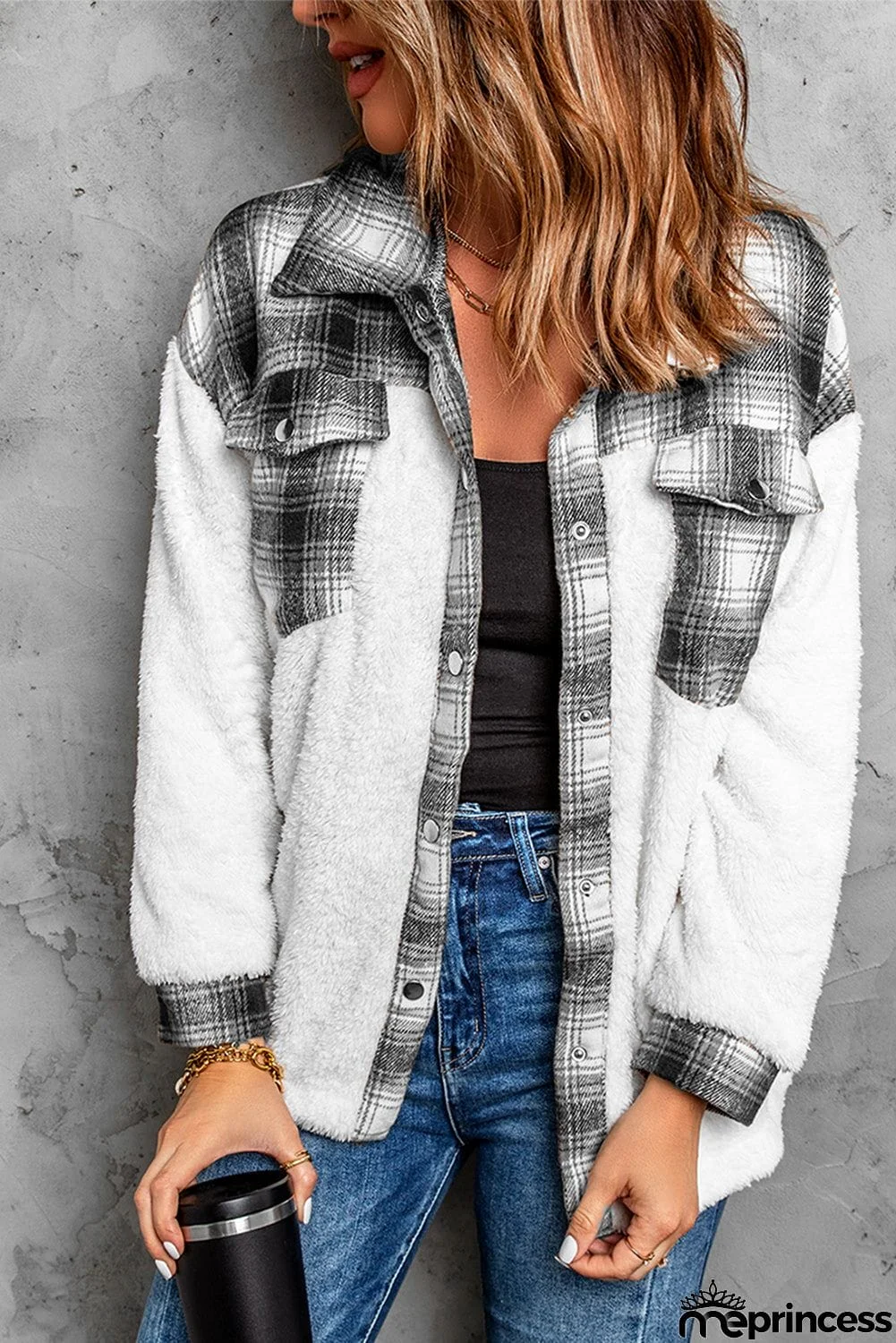 Plaid Patchwork Buttoned Pocket Sherpa Jacket