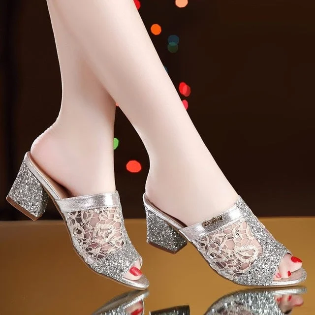 Woman Summer Sandals Gold Open Toe Sandal Lace Dress Shoes Womens High Heels Sandals Square Heeled Pumps Ladies Shoes