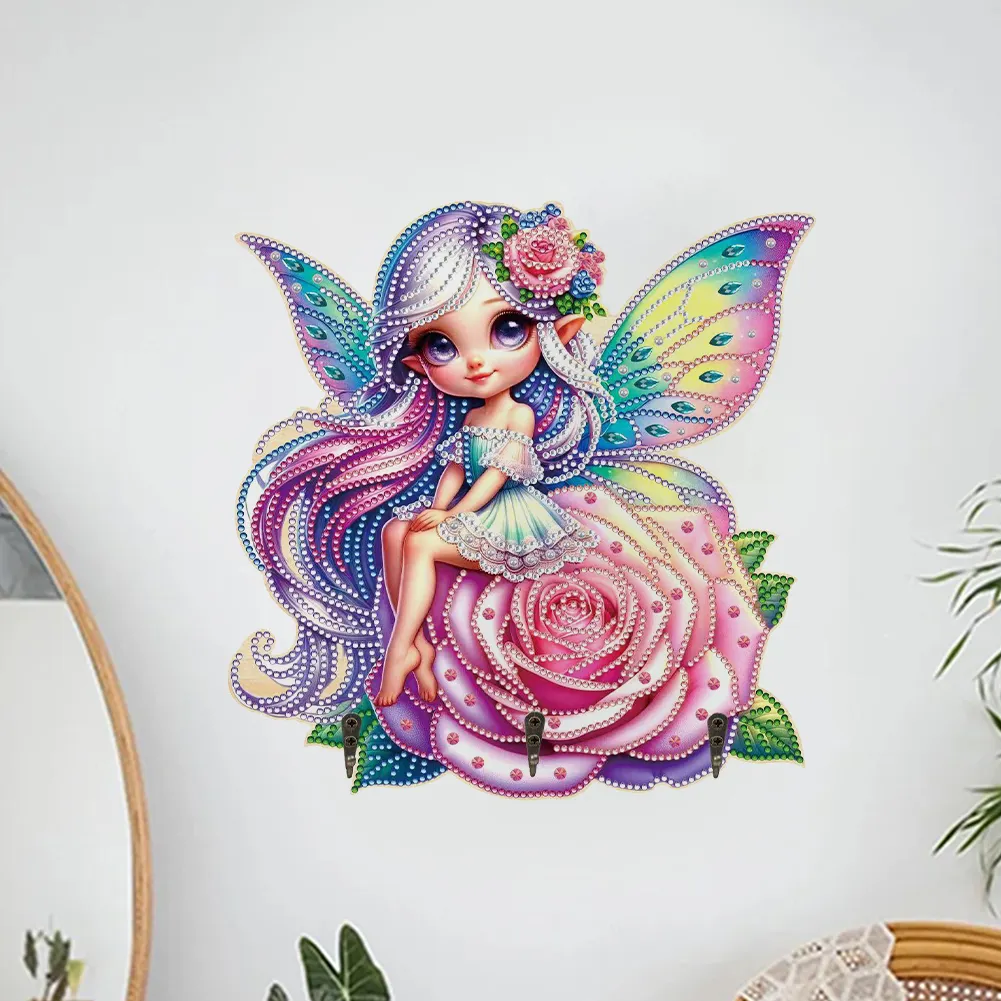 Wooden Elf Girl DIY Diamond Art Craft Wall Hooks A Row of 3 Hooks for Beginners
