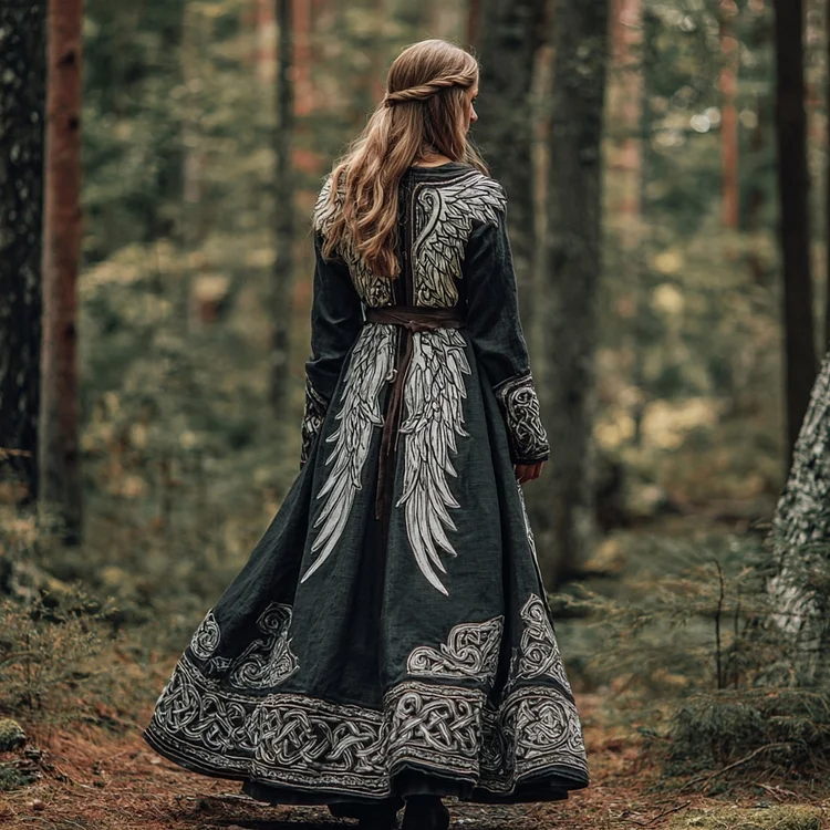 Vintage Viking Celtic Wings Pattern Linen Maxi Dress