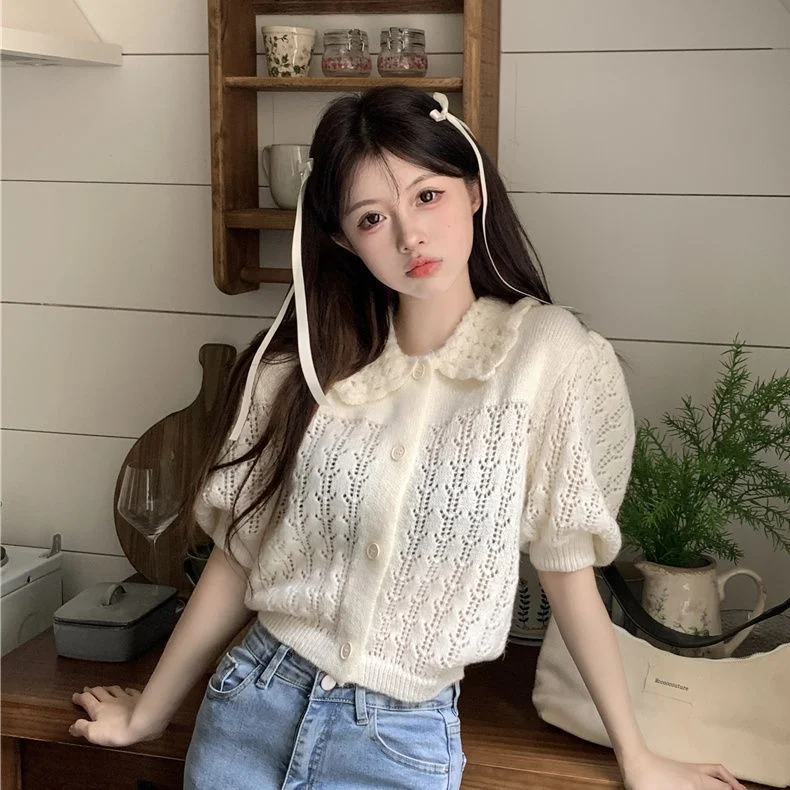 Uveng Uveng Retro Short-Sleeved Knitted Jersey Jacket Women's Summer 2024 New Korean Version Of Short Bubble Sleeve Hollow Top