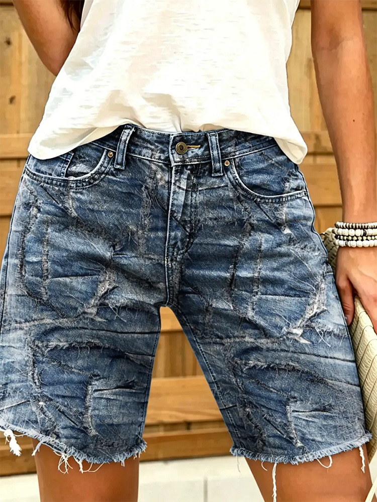 Women's Wash Geometric Art Print Denim Bermuda Shorts