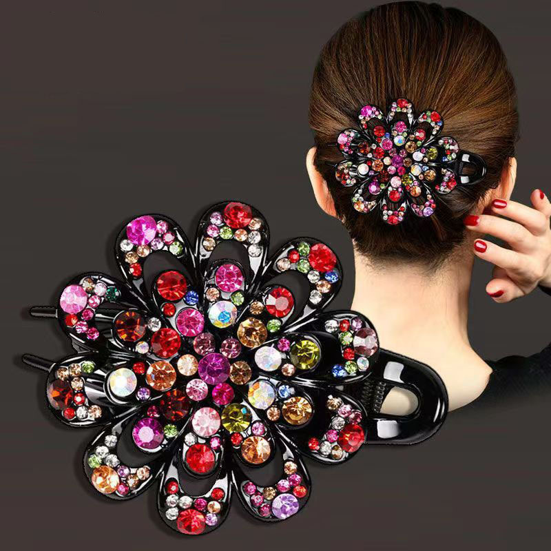 Rhinestones Flower Hair Clip Ponytail Hairclip Duckbill Hairpin Barrette Crystal Fancy Decorative Hair Accessories For Women