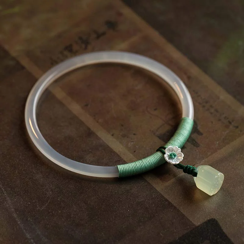Natural Chalcedony Green Aventurine Lotus Bell Blessing Bracelet Bangle