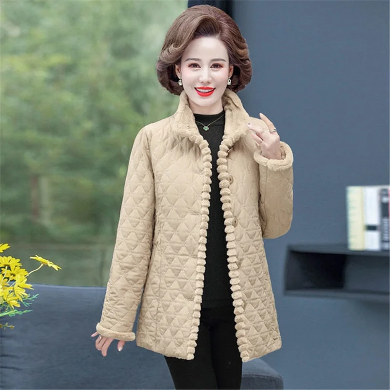 Winter Jacket Plus Velvet Padded Coat Middle-aged Women Stand-up Collar Plus Size Wadded Jackets Thick Warm Short Outwear KW400