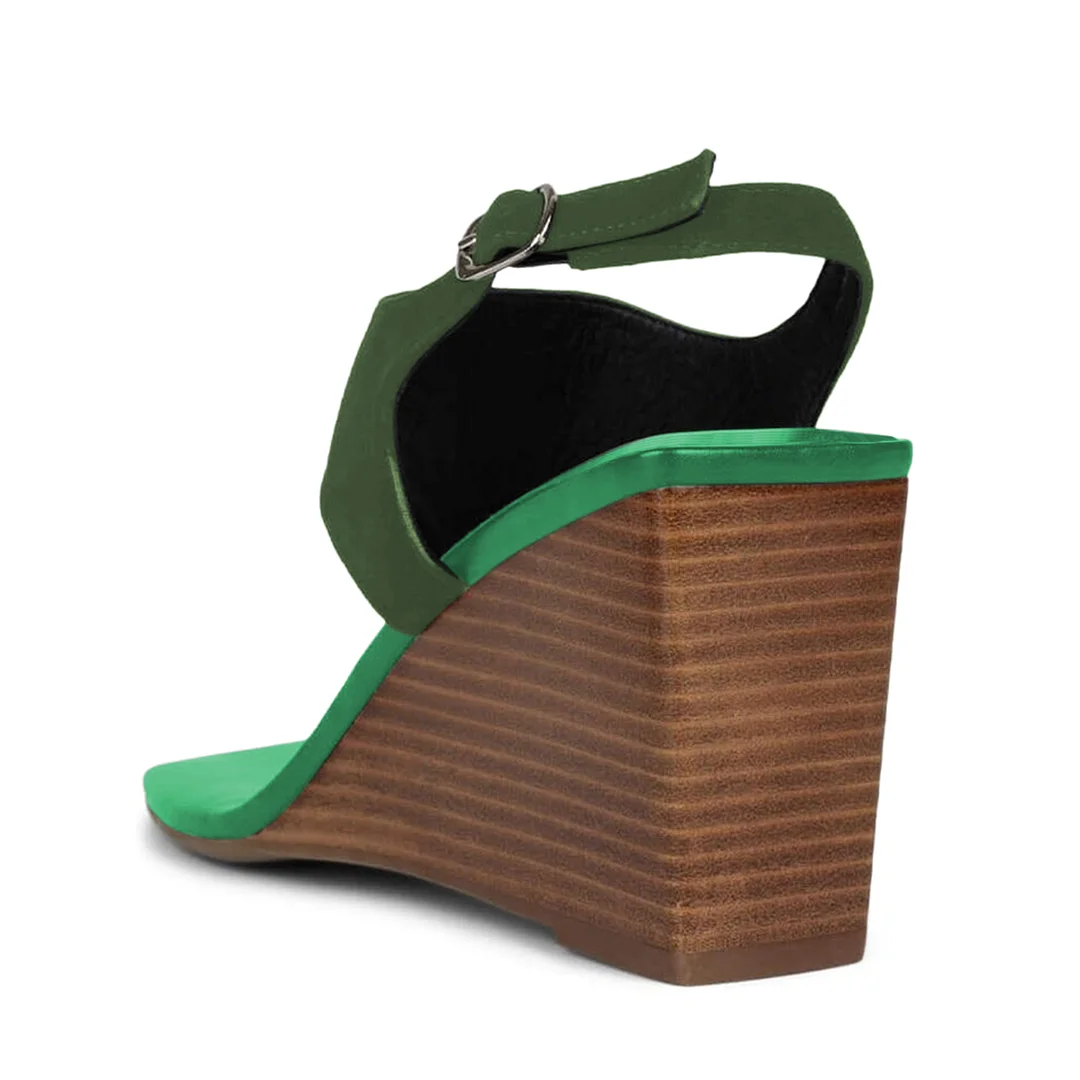 Green Vegan Leather Square Toe Buckle Fastening Strap Wedge Sandals