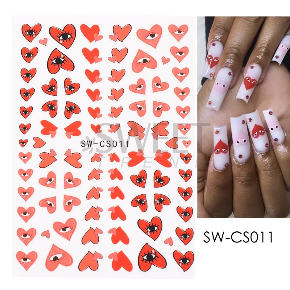 Applyw Heart Nail Design Blue Red Evil Eye Nail Art Decoration Sticker Press on Nails Valentine Decals Manicure Accessory SASW-CS012