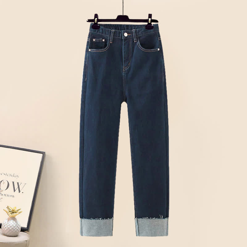 Lattice Print Drawstring Lapel T-Shirt Loose Denim Pants