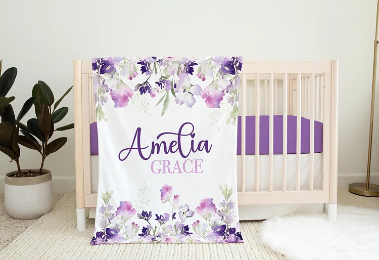 Personalized Violet &Lilac Floral Baby Blanket for Comfort & Unique | BKKid65