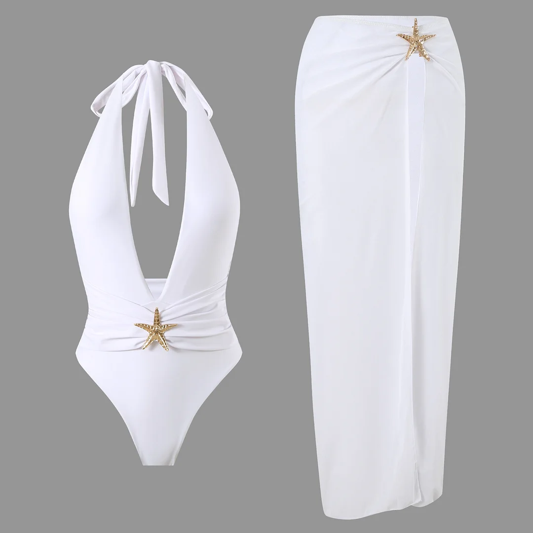 Zingj 2025 New Solid-Colored Open-Fork Long Dress Mesh Hanging Neck Sexy Summer Bikini
