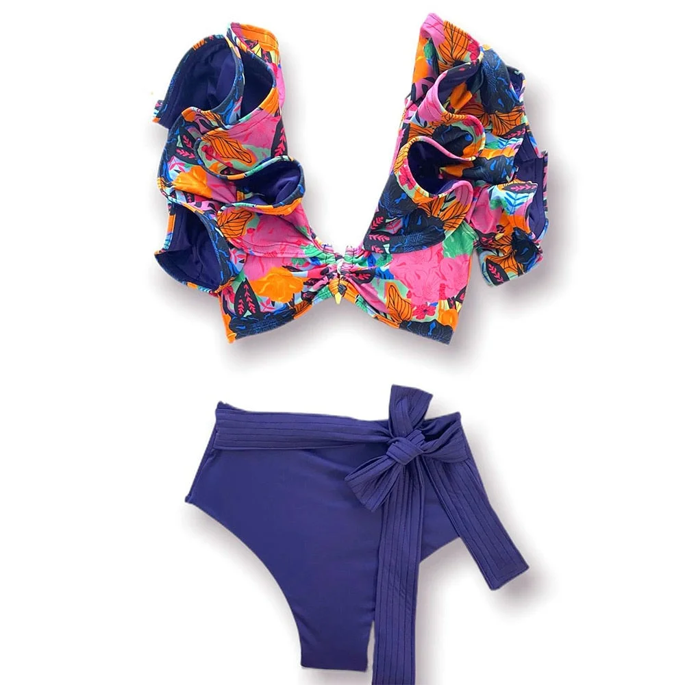 2022 New Sexy High Waist Bikini Sets Ruffle Swimwear Women Swimsuit Print Floral Dots V-neck Beach Wear Bathing Suits biquini
