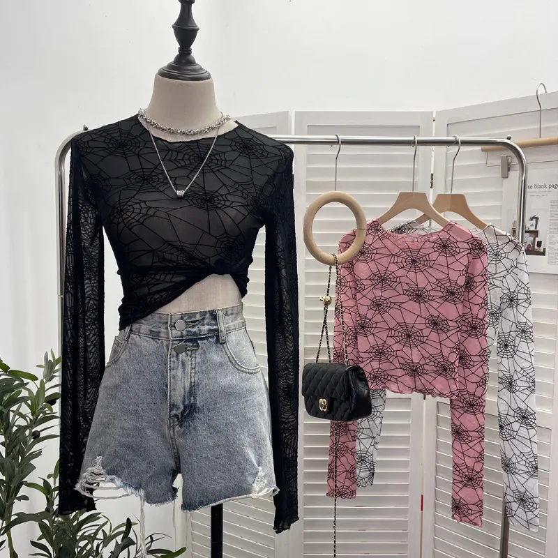 Uveng Spider-Web Yarn Velvet Perspective Bottom Shirt Dark T-Shirt T-Shirt Short Long-Sleeved T-Shirt Top 9908