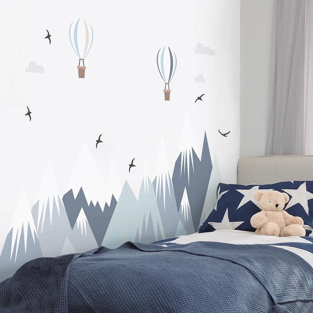 Light Blue Hot Air Balloon Birds Mountain Wall Stickers for Kids Room Baby Boys Room Nordic Modern Self-Adhestive Fabric Mural