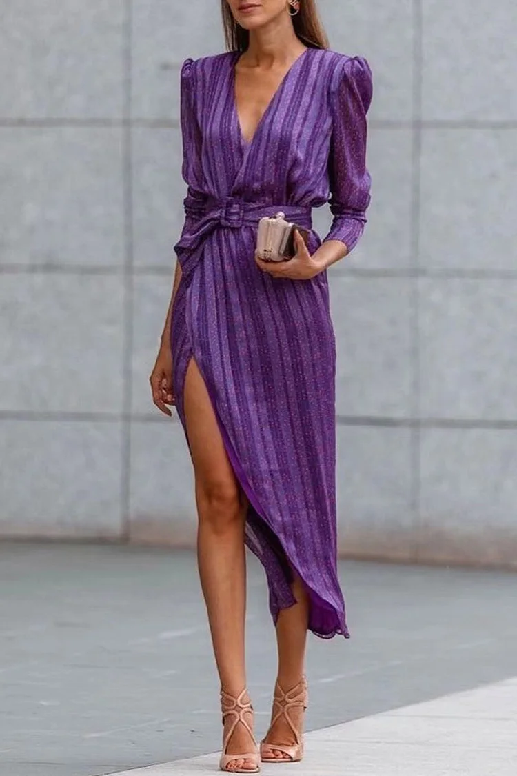 Elegant Striped Patchwork Asymmetrical V Neck Waist  Dresses