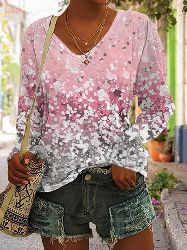 Women's Pink Gradient Print V-Neck Long Sleeve T-Shirt