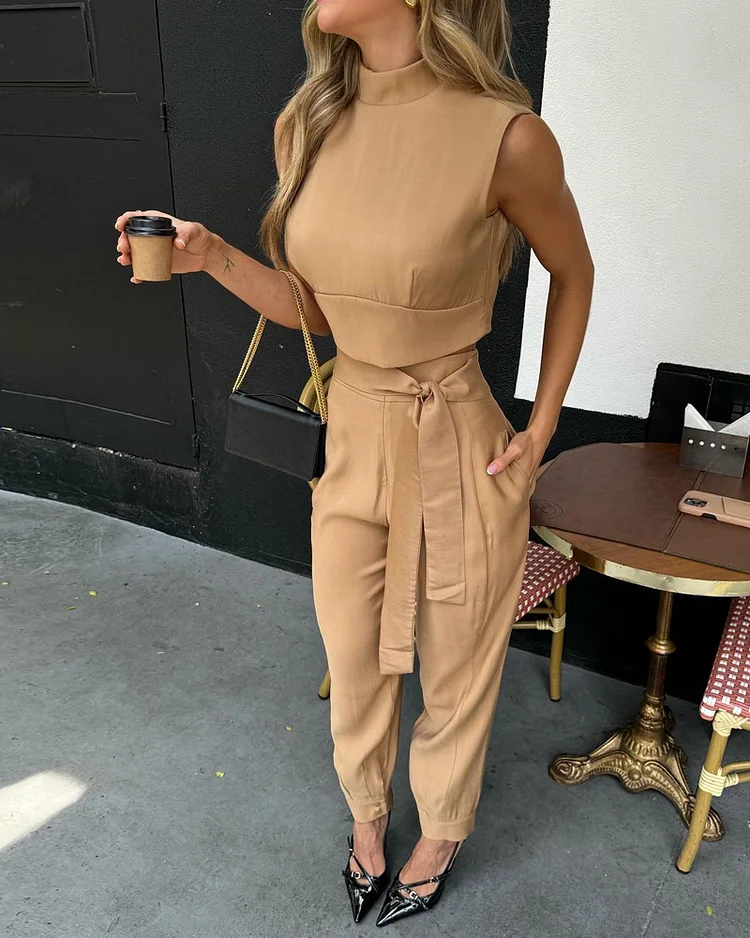 Sleeveless solid color strappy two piece set