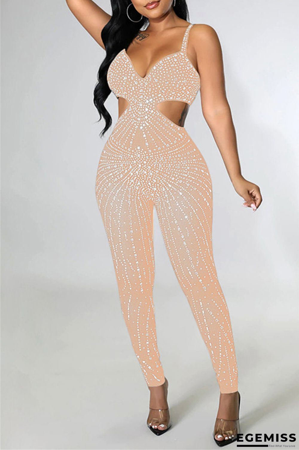 Beige Sexy Patchwork Hot Drilling Hollowed Out See-through Backless Spaghetti Strap Skinny Jumpsuits | EGEMISS