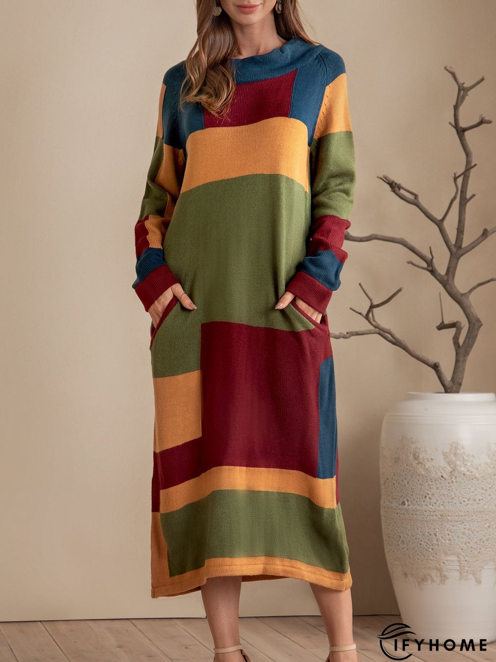 Yellow Shift Solid Pockets Color-Block Sweater Dress | IFYHOME