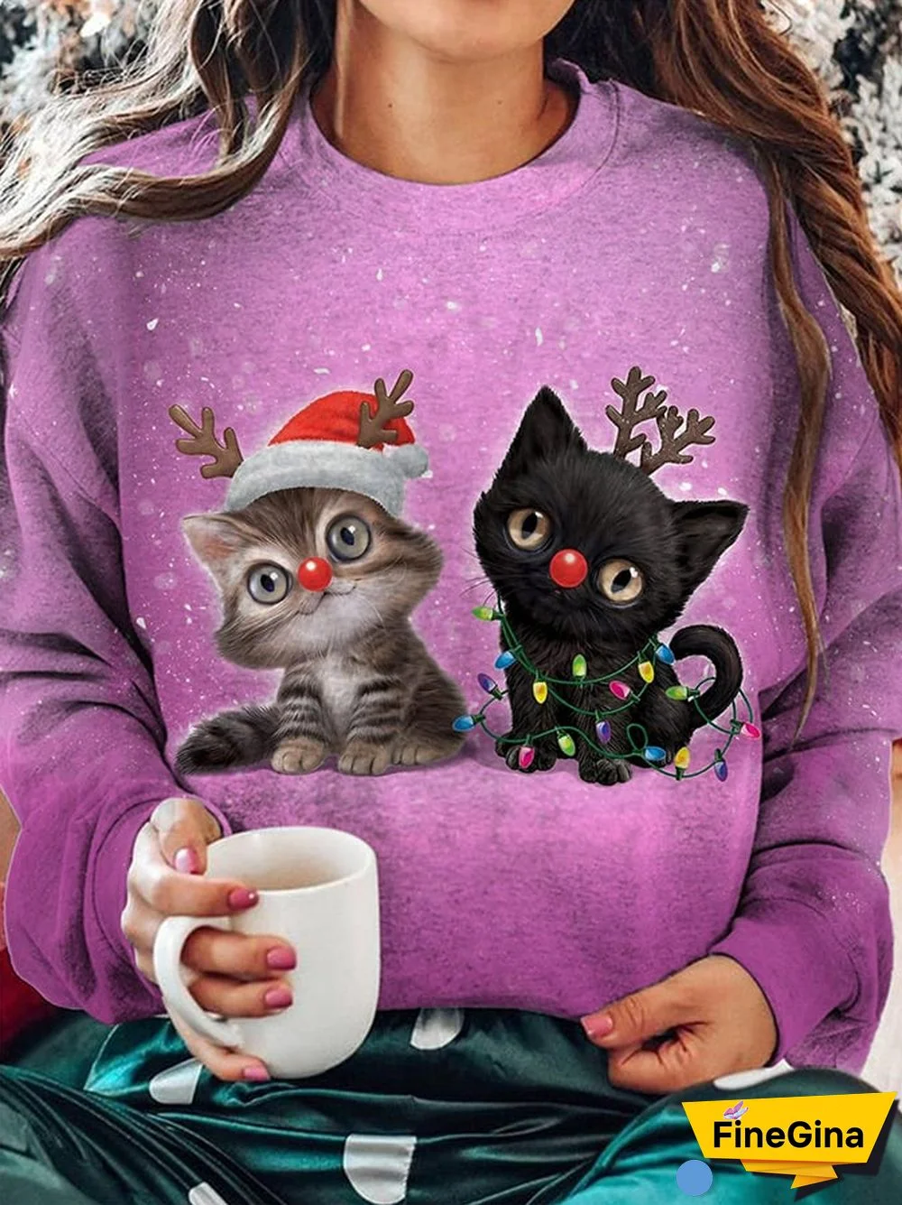 Women's Christmas Cat Print Crew Neck Sweatshirt