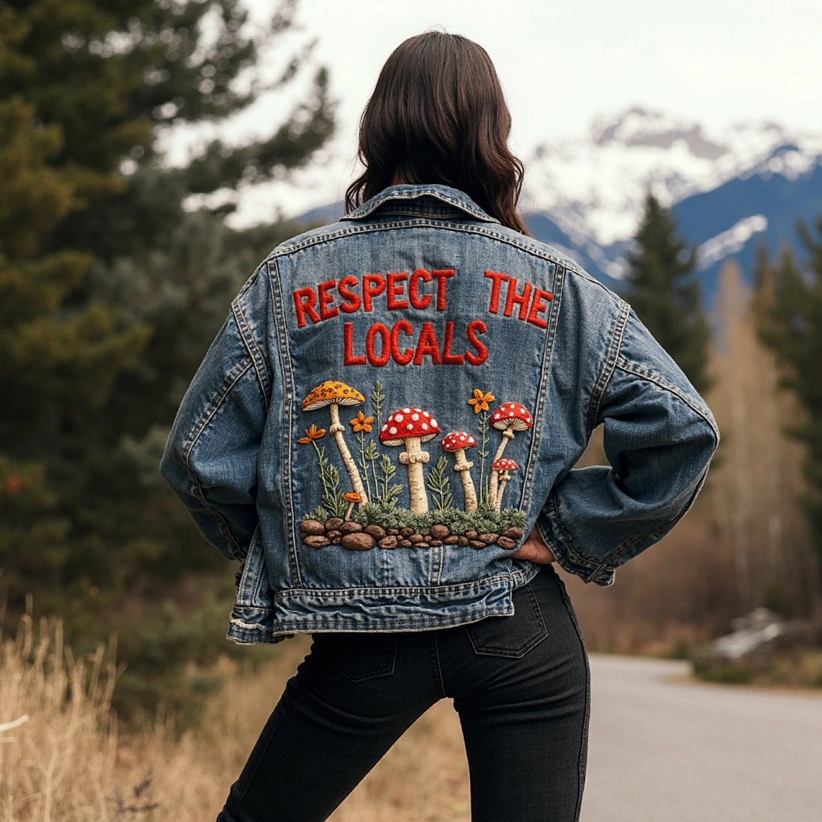 Comstylish Respect The Locals Mushroom Floral Embroidered Denim Jacket