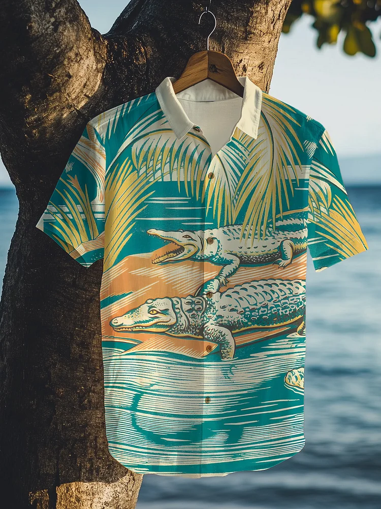 Men's Two Crocodiles On Vacation Art Print Short Sleeve Shirt
