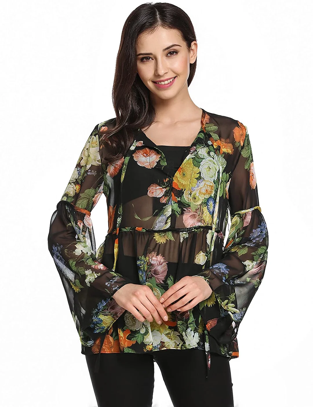 Women's Bell Sleeve Top Floral Print Chiffon Boho Blouse See Through Shirt