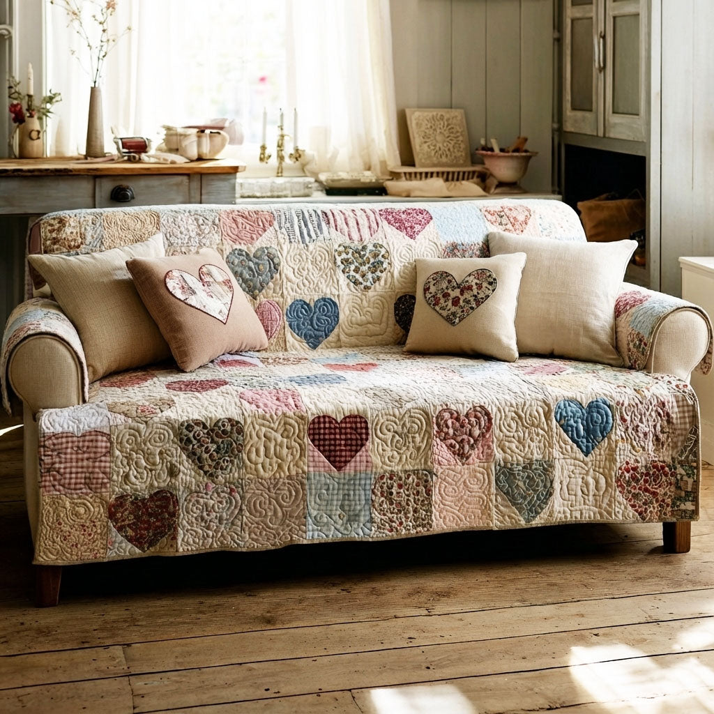 Cozy Patch Hearts Quilted Sofa Cover NCU0TV1477 everthome