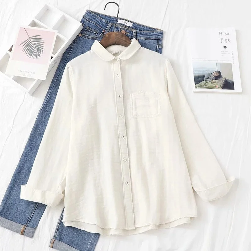 Autumn New Women Cotton Turn Down Collar White Shirt Long Sleeve Pockets Dot Blouse Button Up Loose Spring Casual Tops T09406F