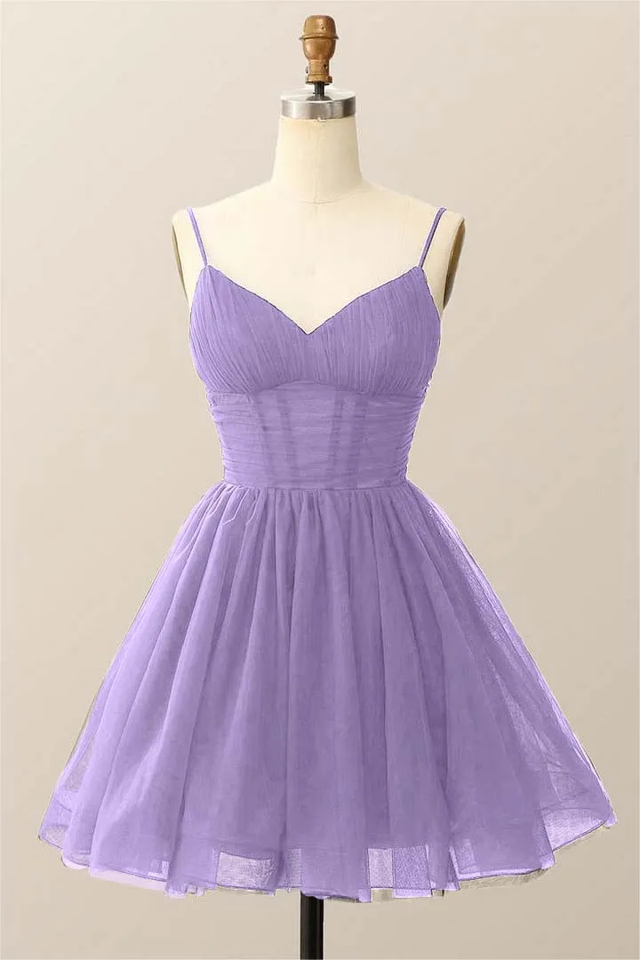 Lvs&Broner Dark Navy Tulle Spaghetti Strap Sleeveless Pleated A-Line Homecoming Dress