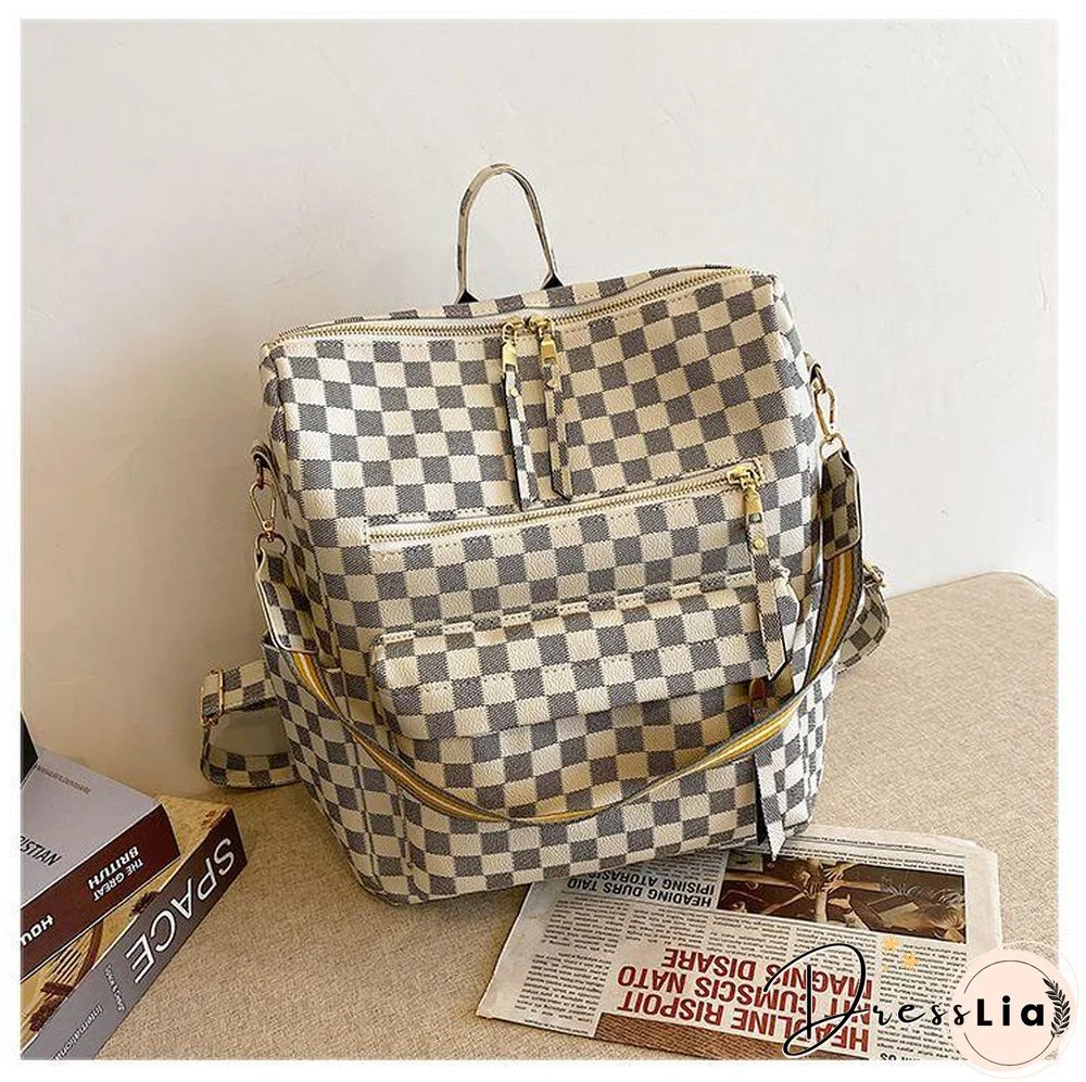 Retro Faux Leather Check Pattern Print Rucksack Vegan Backpack Tote