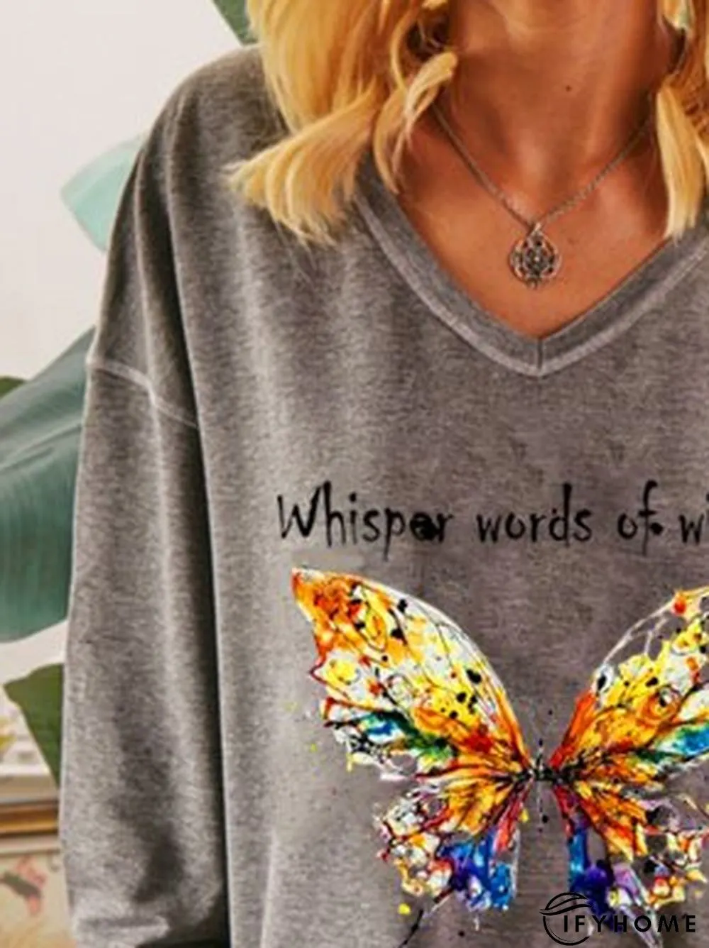 V Neck Letter Casual Cotton Tunic Sweatshirt | IFYHOME