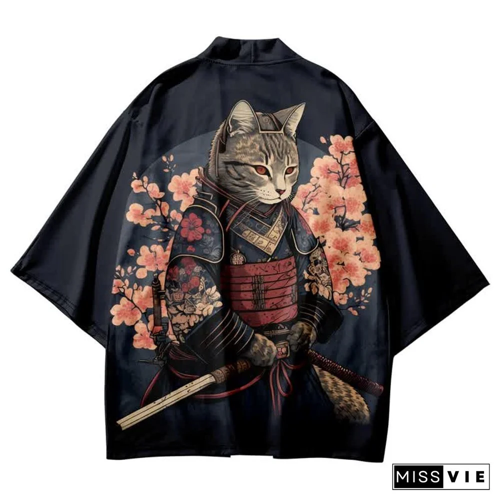 Vintage Cat Warriors Print Cardigan Kimono Outerwear