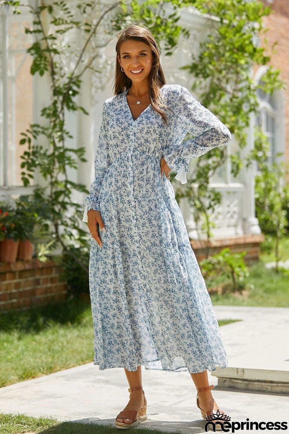 V-neck Long Sleeve Floral Ruffle Hem Maxi Dress