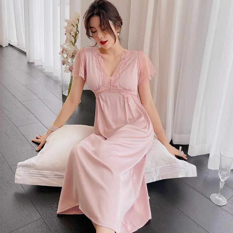 Uaang V-Neck Nightdress Women Nightwear Summer New Nightgown Bride Satin Lace Sleepwear Nighty Dress Lounge Sleep Gown Home Clothing