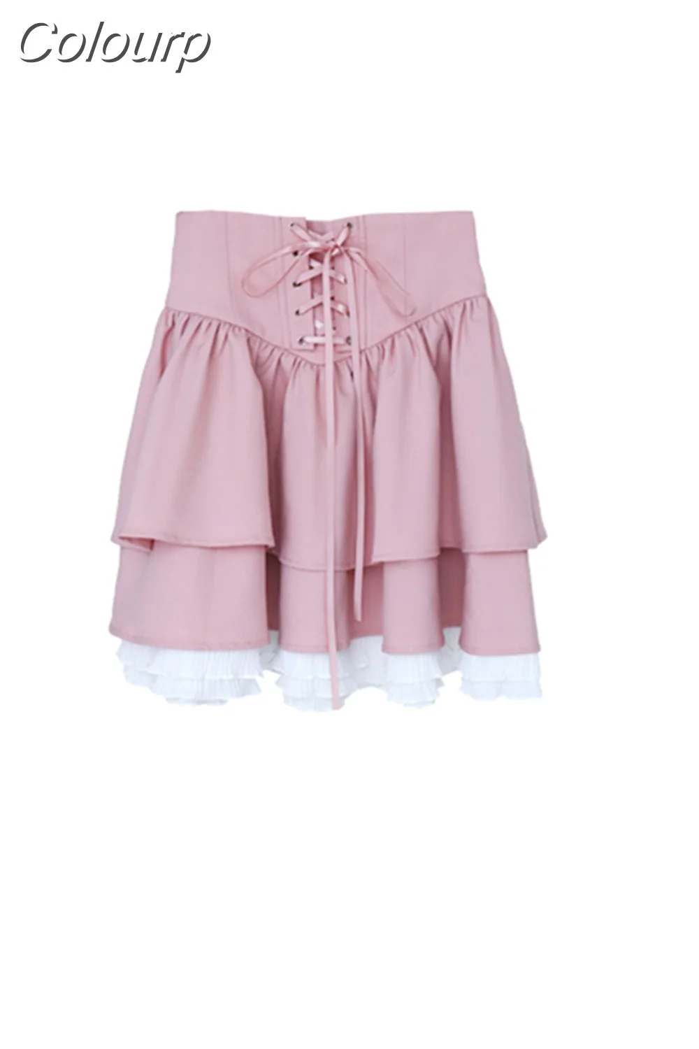 Colourp Kawaii Lolita Two Piece Set Women Puff Sleeve Blouse + Sweet Pink Mini Skirt Floral Korean Style Elegant Skirt Suit 2023