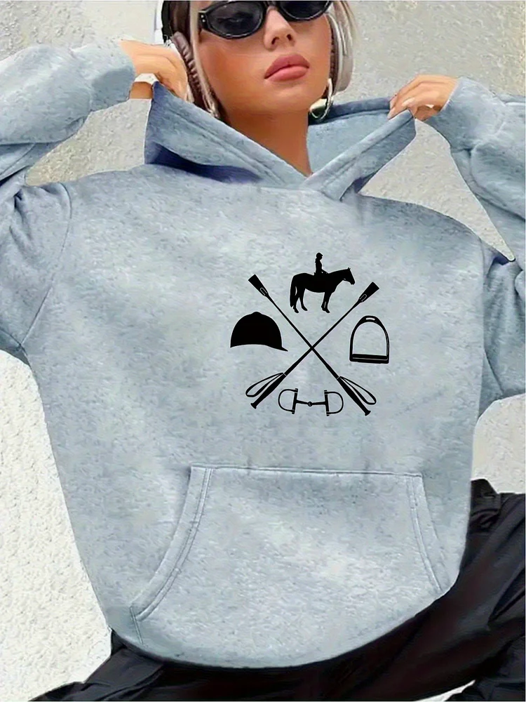 Women's Casual Hooded Sweatshirt With Bold "D" Letter Print - Long Sleeve, Kangaroo Pocket, Drop Shoulder Design, Light Gray, Perfect For Spring & Summer, Sports & Casual Attire, Casual Wear Hoodie | Drop Shoulder Sweatshirt | Durable Casualwear