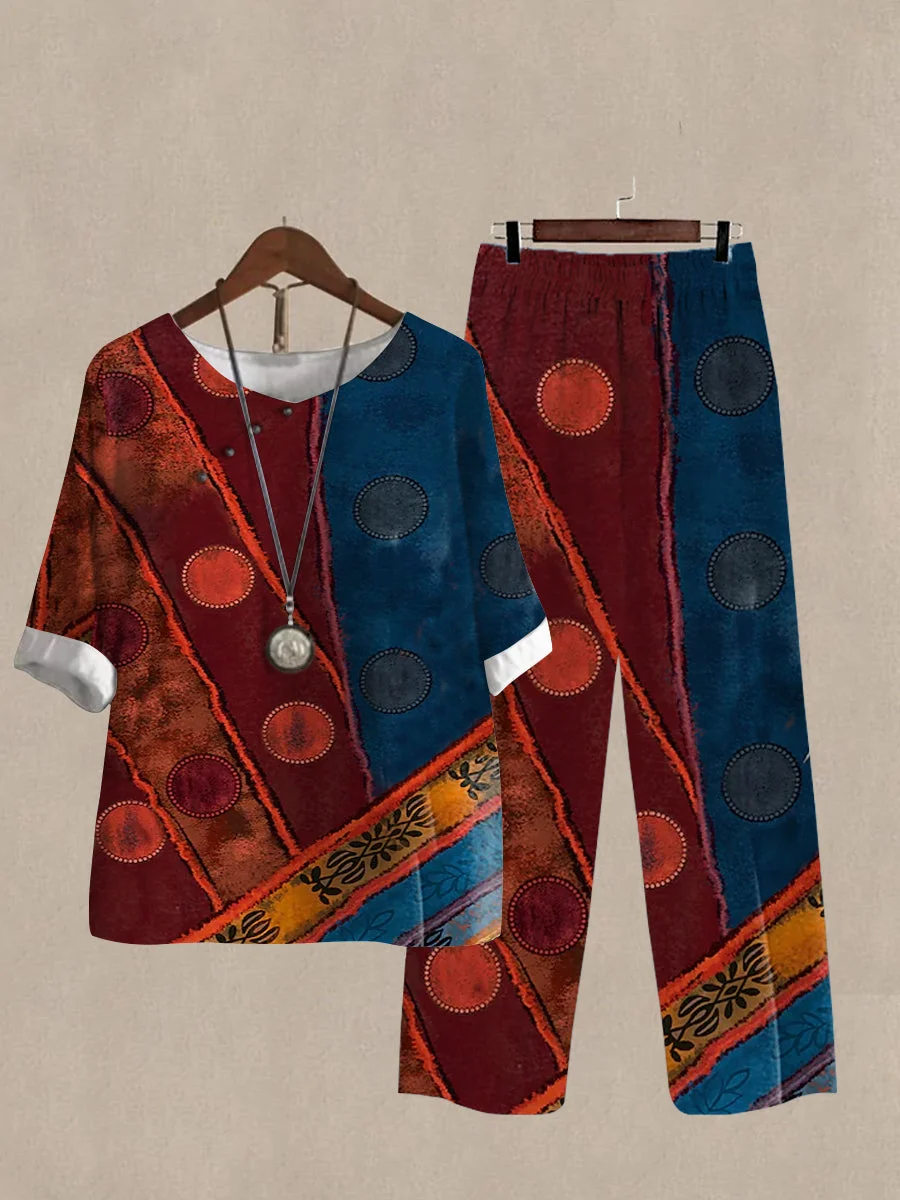 Linen Casual Women's Geometry Pattern Print Two Pieces Set