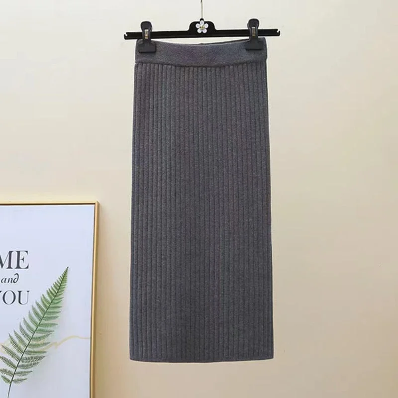 Zoki Winter Women Sweater Skirt New 2021 Knitted Midi Skirts Korean Elastic High Waist Elegant Autumn Split Fork Black Faldas