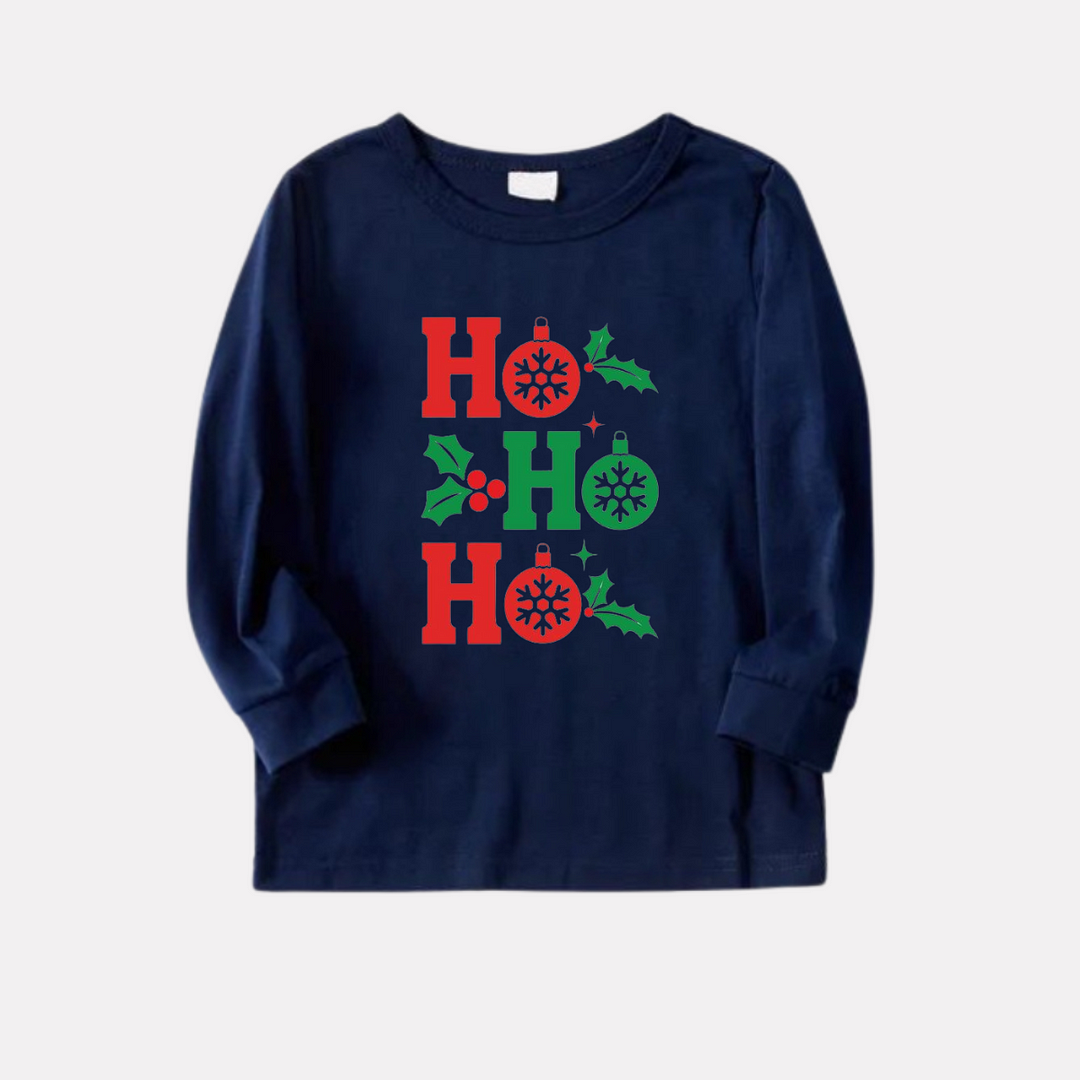 "HO HO HO" Letter Christmas 2024 Blue Long Sleeve Top with Blue & Red Plaid Family Matching Pajamas