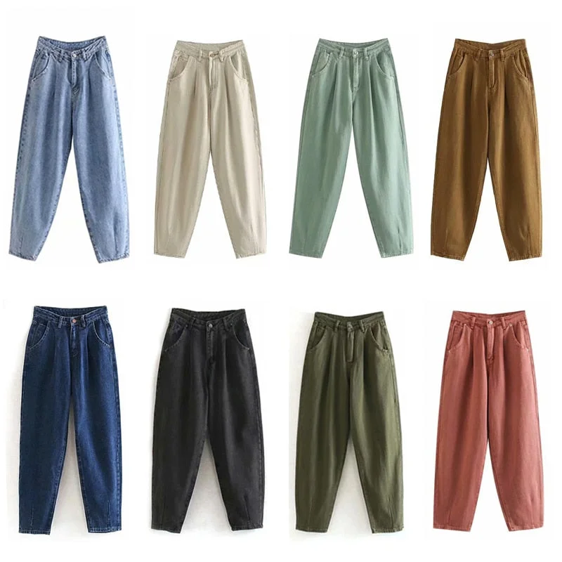 Aachoae Women Blue Harem Jeans Loose mom Jeans High Waist Streetwear Boyfriends Washed Denim Long Trousers Bottoms Slouchy Jeans