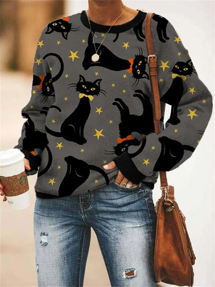Vefave Halloween Black Cats & Stars Sweatshirt