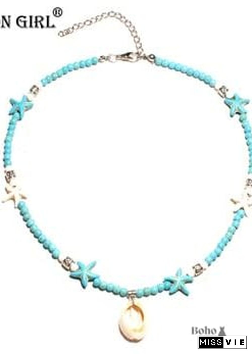 Boho Necklace, Hippie Blue Shell & Starfish