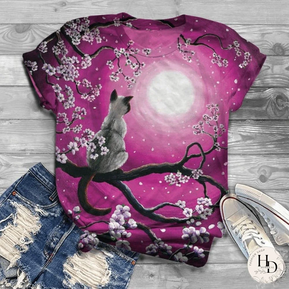 Fashion Cat Print Summer T Shirt Women Short Sleeve Women Floral Tee Shirt Top Plus Size