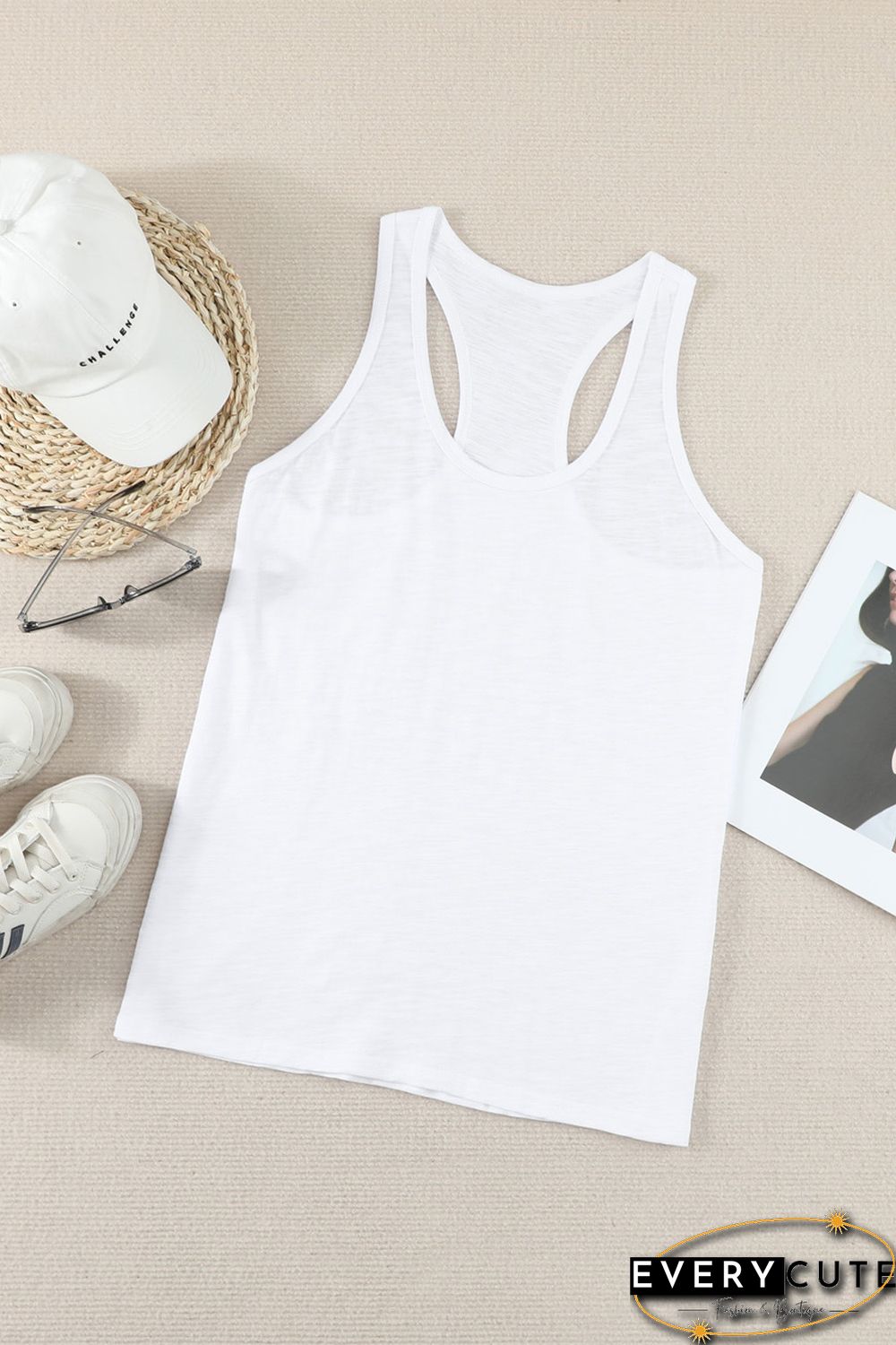 Blank Apparel - White Scoop Neck Basic Solid Tank Top
