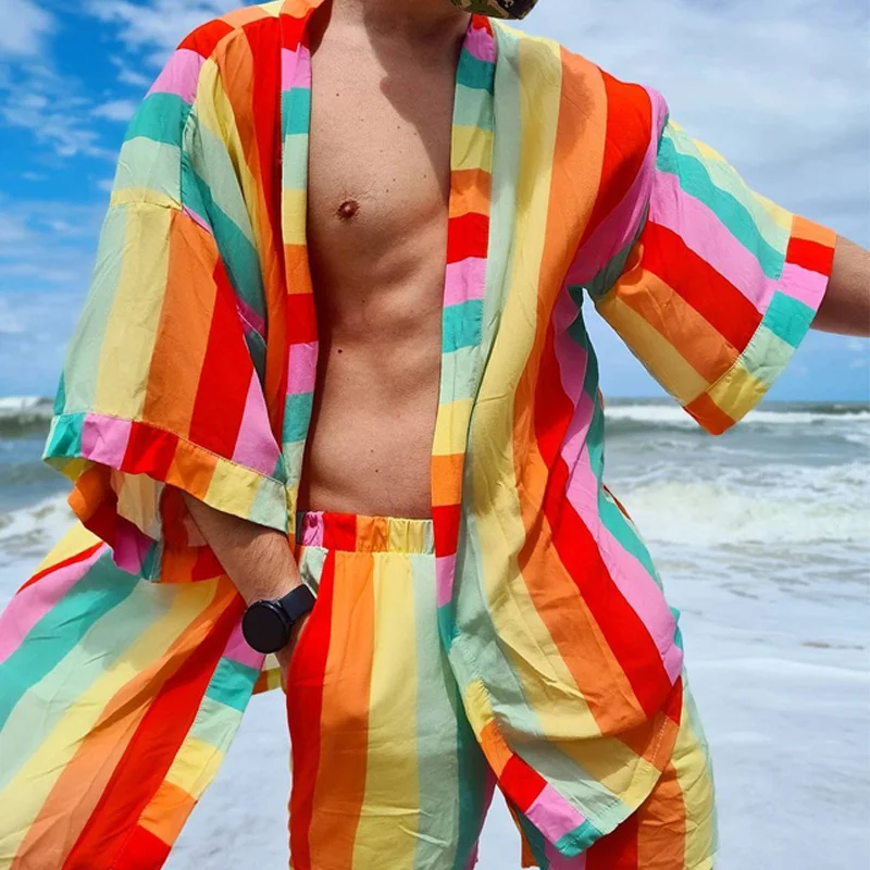 Leisure Beach Colorful Stripe Shirt Suits