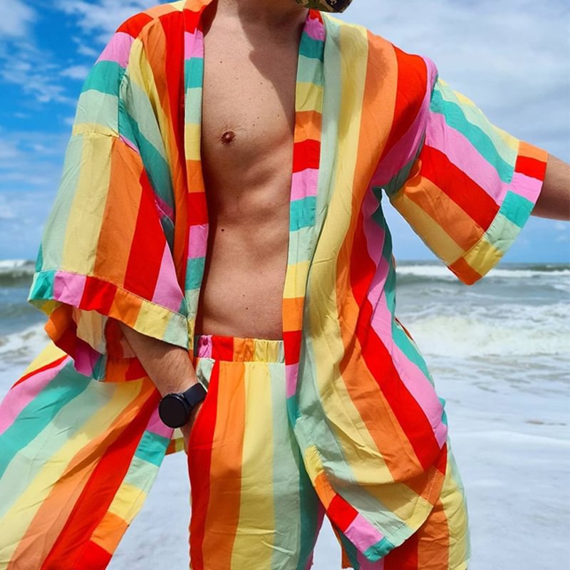 Leisure Beach Colorful Stripe Shirt Suits