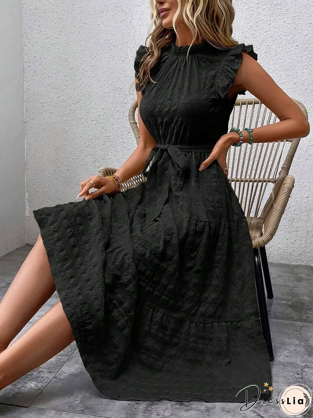 Tied Ruffled Cap Sleeve Midi Dress