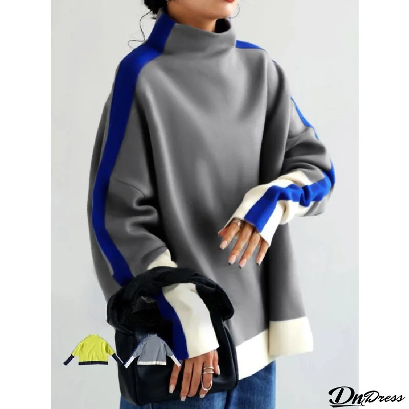 Women Long Sleeve Contrast Color Slit High Neck Top